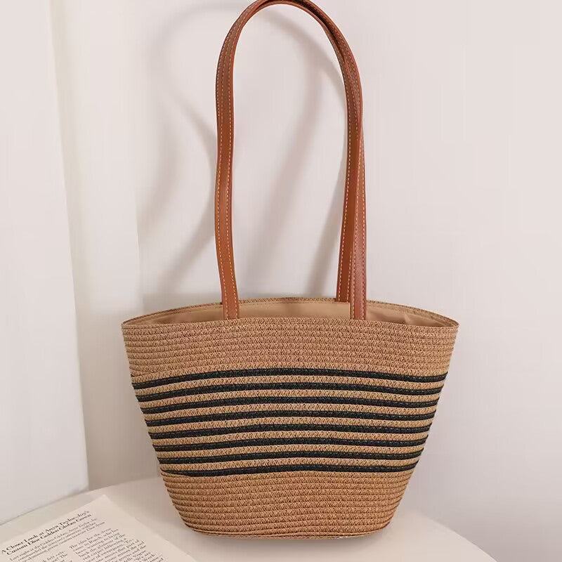 Striped Shoulder Straw Bag Woven Bag Summer Large Capacity Casual All Match Women Seaside Beach Rattan Woven Bag Bella Mia