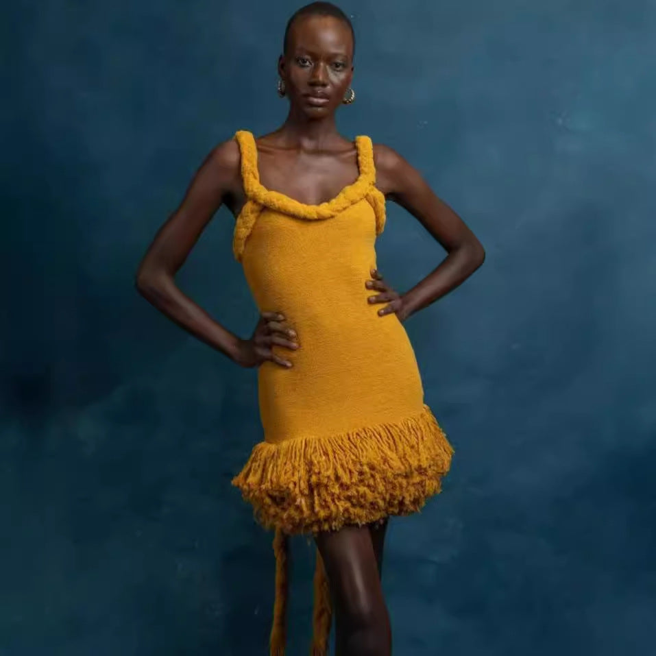 Autumn Winter Hand Woven Twine Rope Shoulder Strap Tassel Dress Swing Short Dress Bella Mia