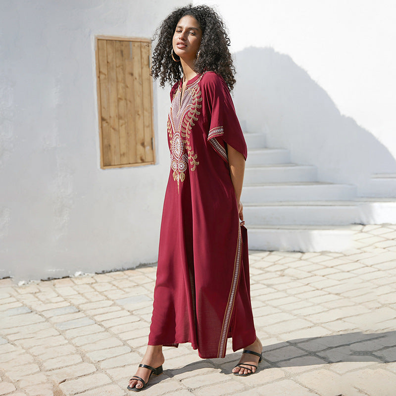 Rayon Embroidered Robe Women Embroidered Vacation Loose Beach Jacket Maxi Dress Beach Cover Up Bella Mia