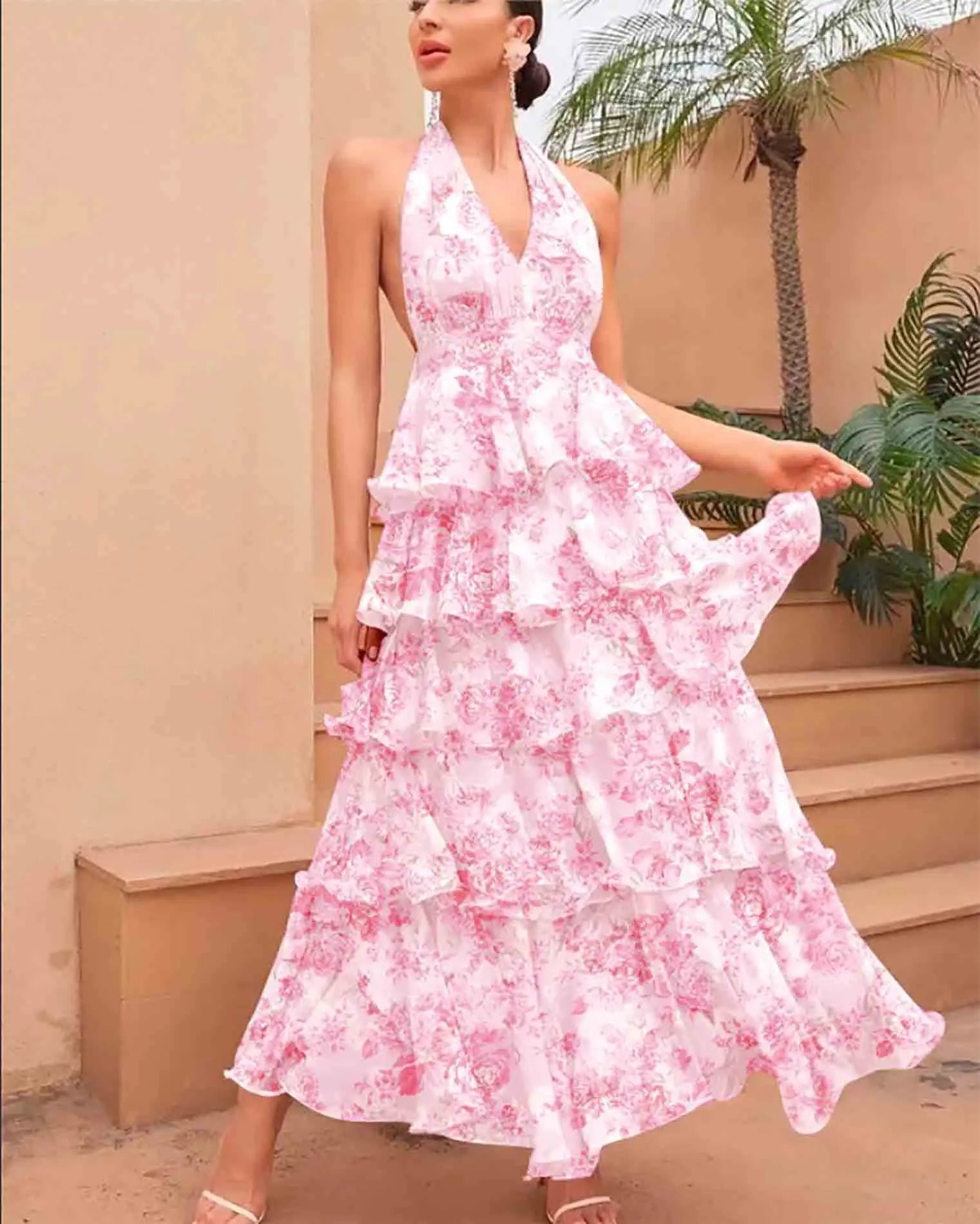 Elegant Halter Maxi Dress Floral Print Backless Sleeveless Ruched Ruffled Bella Mia