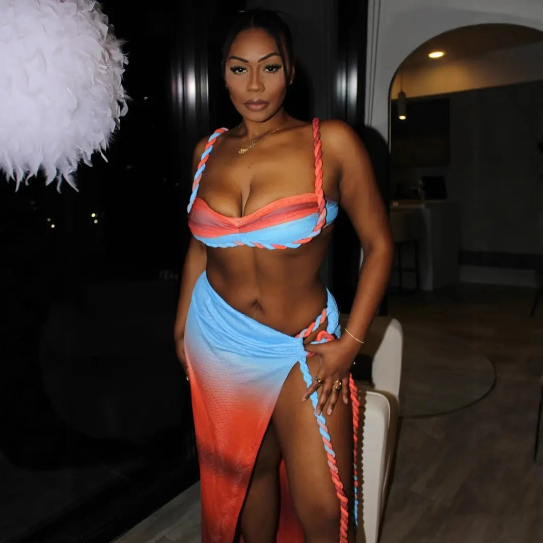 Summer Sexy Beach Vacation Swimsuit Woven Halter Top Split Skirt Set Bella Mia