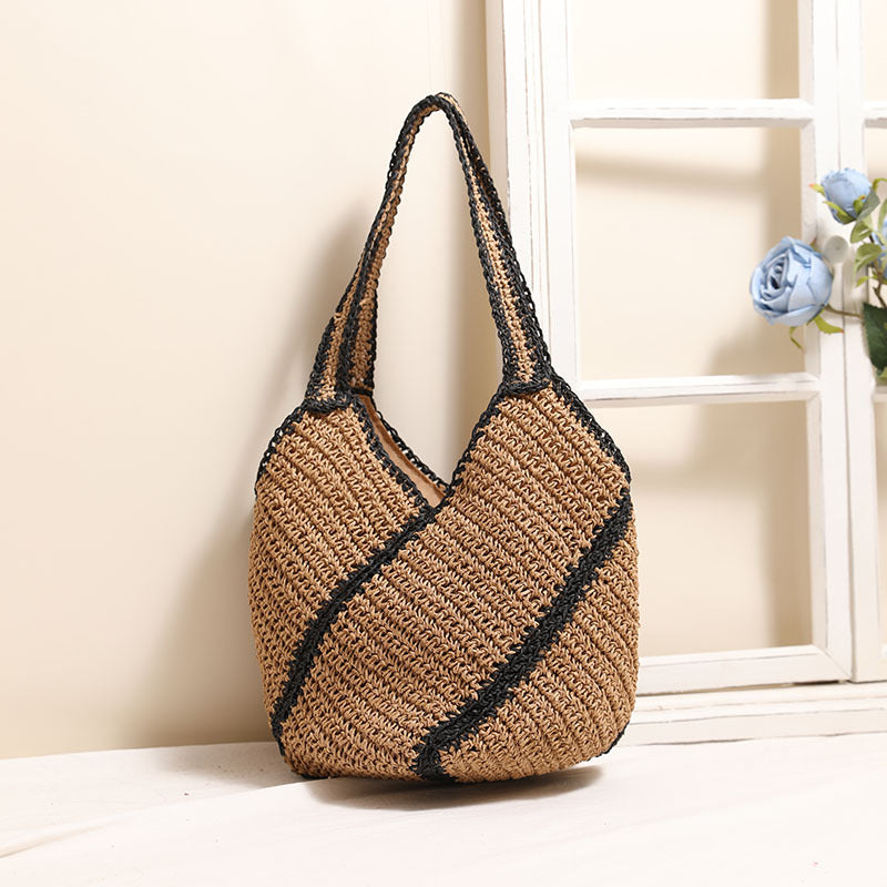Niche Geometric Abstract Shoulder Straw Bag Color Contrast Large Capacity Straw Bag Woven Bag Seaside Vacation Beach Bag Bella Mia