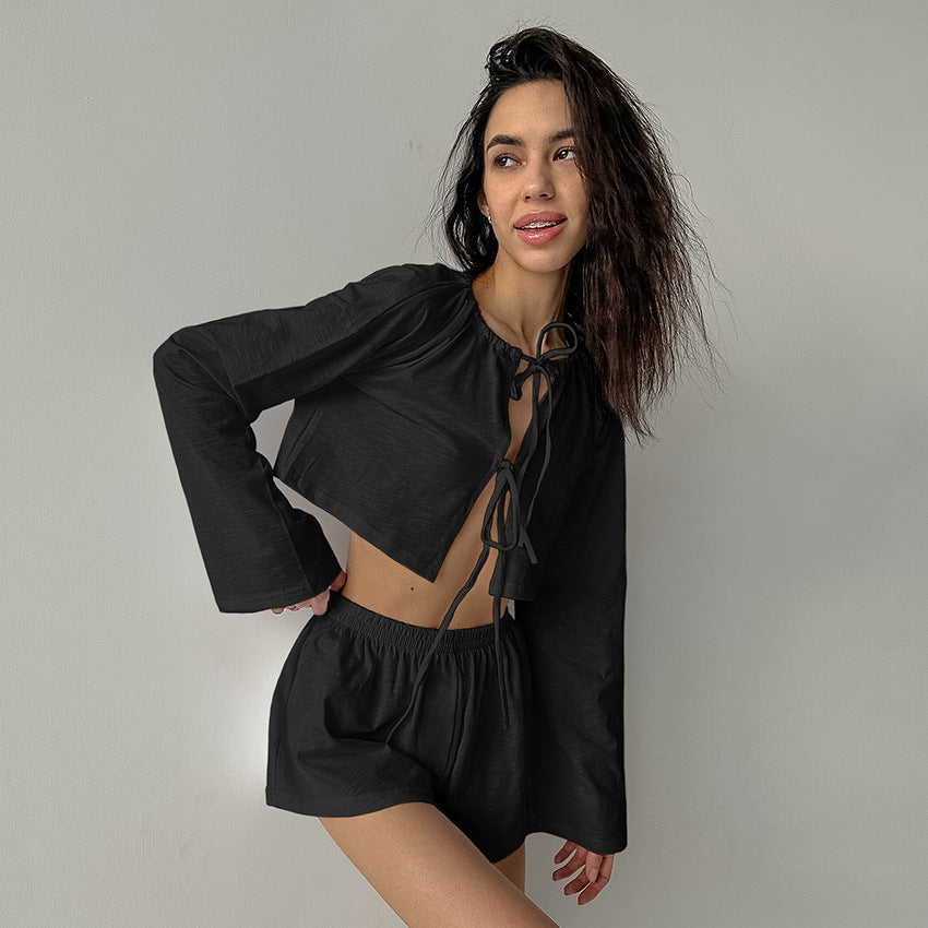 Spring White Pure Cotton Cardigan Lace up Ladies Homewear Casual Long Sleeve Shorts Pajamas Two Piece Set Bella Mia