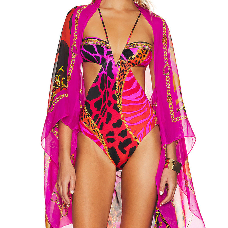 Printed Mesh One Piece Two Piece Set Women Outer Swimming Mesh Floral Print One Piece Bikini Bella Mia