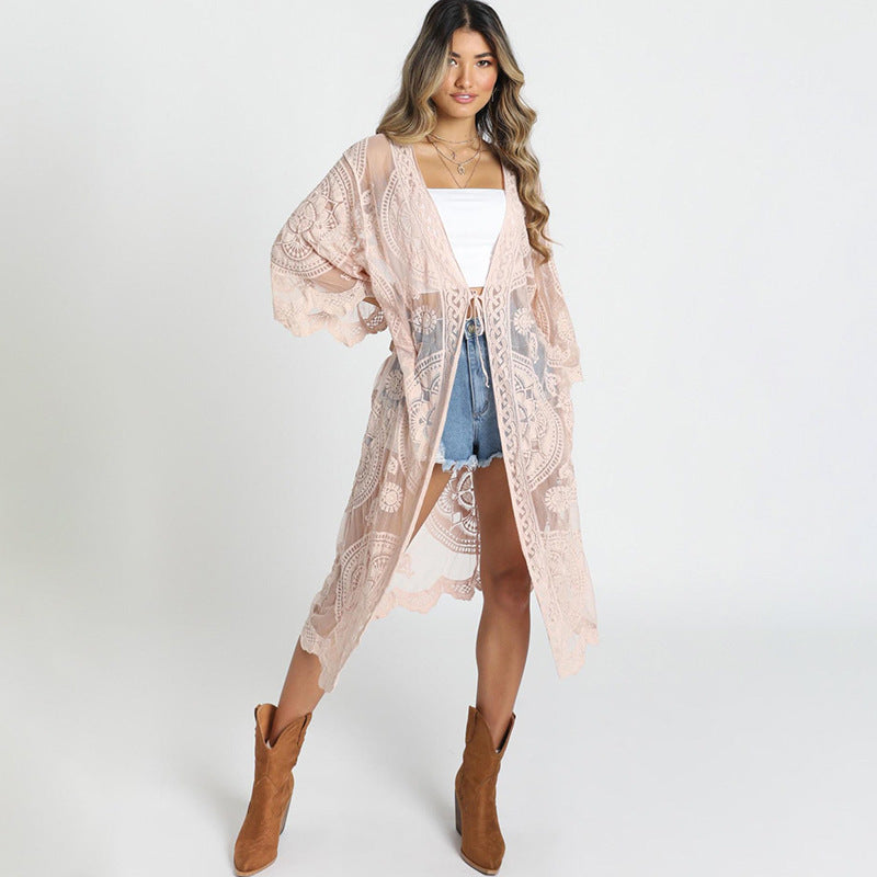 New Lace Embroidered Mid-Length Beach Cover-up Sexy Cardigan Vacation Sun Protection Shirt Swimsuit Blouse Bella Mia