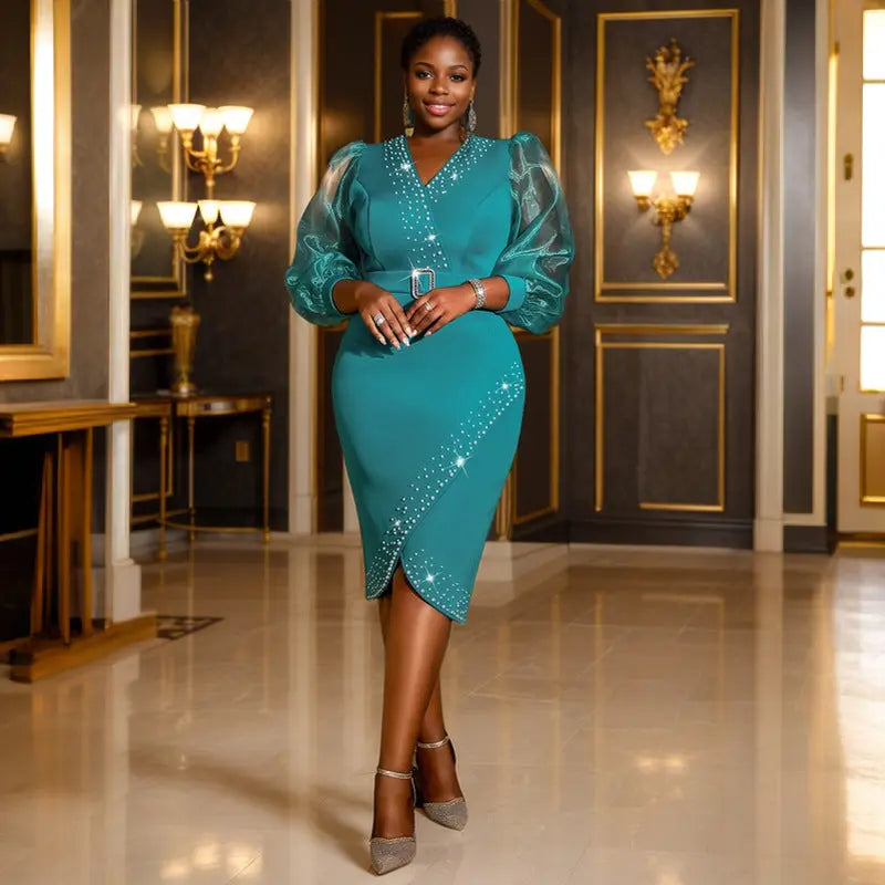 V neck Puff Sleeve High Waist Dress See through Sleeve Midi Dress Bella Mia