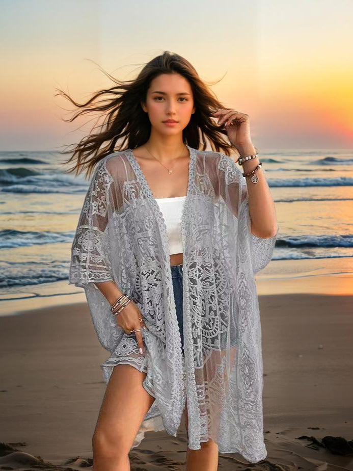 Women's Clothing Sexy See through Water Soluble Lace Embroidered Cardigan Beach Bikini Sun Protective Blouse Bella Mia