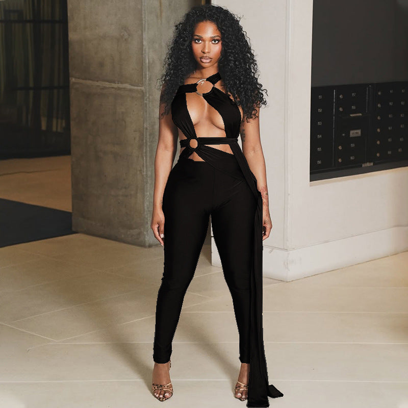 Sexy Women Streetwear Lace up Cutout Metal Ring Jumpsuit Solid Color Skinny Pants Long Jumpsuit Bella Mia