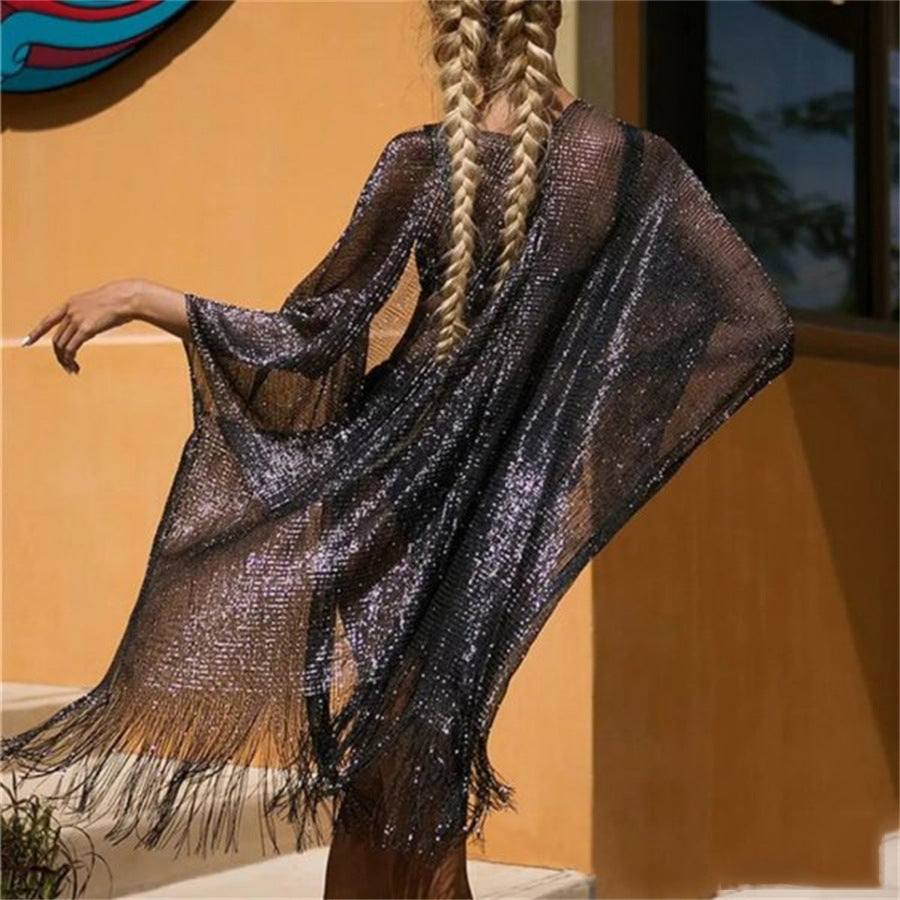 Beach Solid Color Sun Proof Tassel Knitting Beach Cover Up Sweater Shawl Cardigan Bella Mia