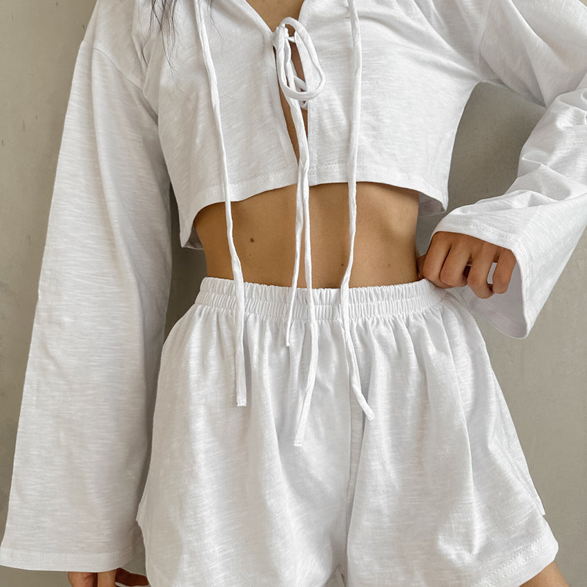 Spring White Pure Cotton Cardigan Lace up Ladies Homewear Casual Long Sleeve Shorts Pajamas Two Piece Set Bella Mia