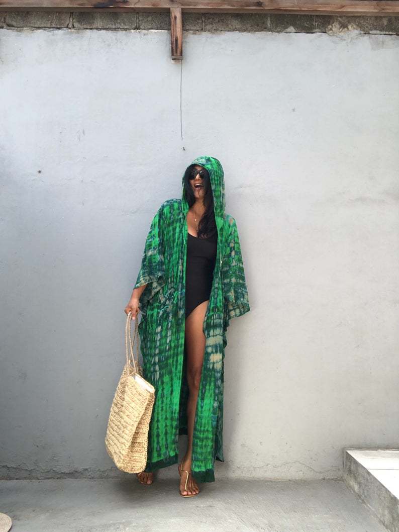 Sunscreen Cardigan Hooded Printed Long Sleeve Long Beach Vacation Swimsuit Outwear Blouse Bella Mia