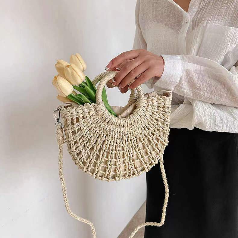 Simple Semicircle Hollow Out Cutout Straw Bag Crossbody Straw Bag Woven Bag Vacation Beach Bag Women Bag Bella Mia