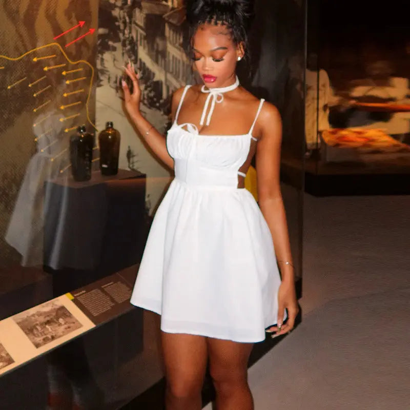 Simple Women Pleated Solid Color A line Dress Backless Lace up Boat Neck Short Dress Bella Mia