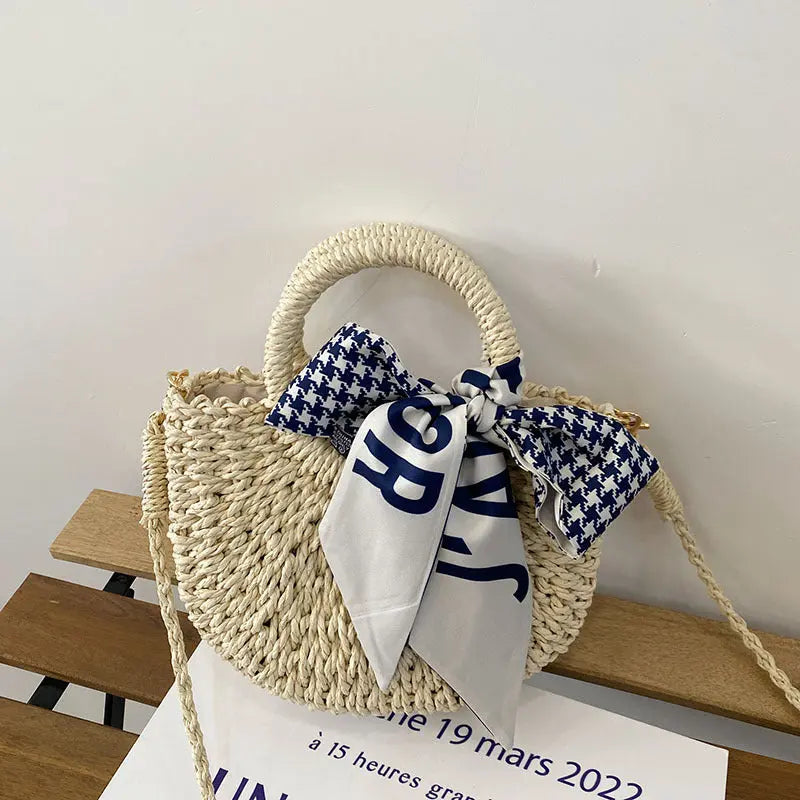 Cute Crossbody Straw Bag With Plaid Scarf Woven Beach Bag For Women Bella Mia