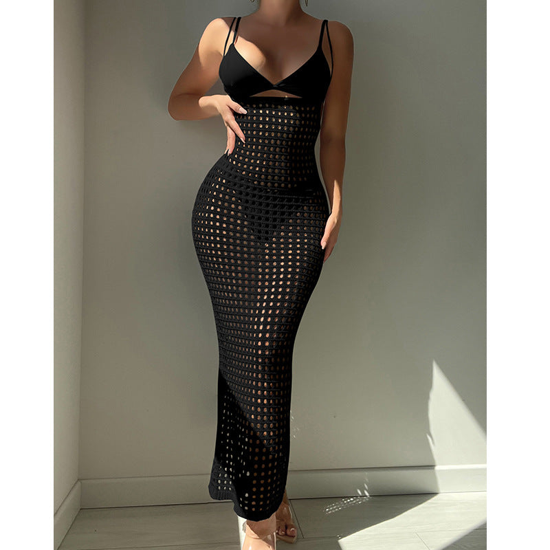 Women Knitted Camisole Hollow Out Cutout Texture Sexy Slim High Waist Maxi Dress Beach Cover up Dress Crochet hook Bella Mia