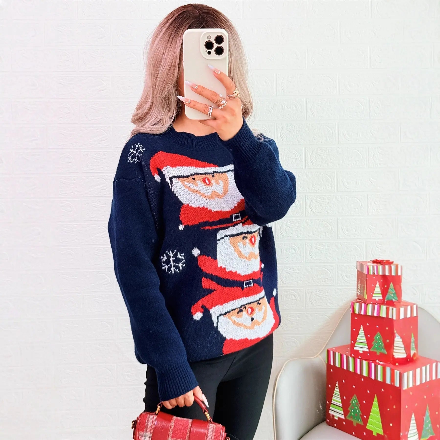 Autumn Winter Christmas Contrast Color Casual Knitted Pullover round Neck Santa Claus Sweater for Women Bella Mia