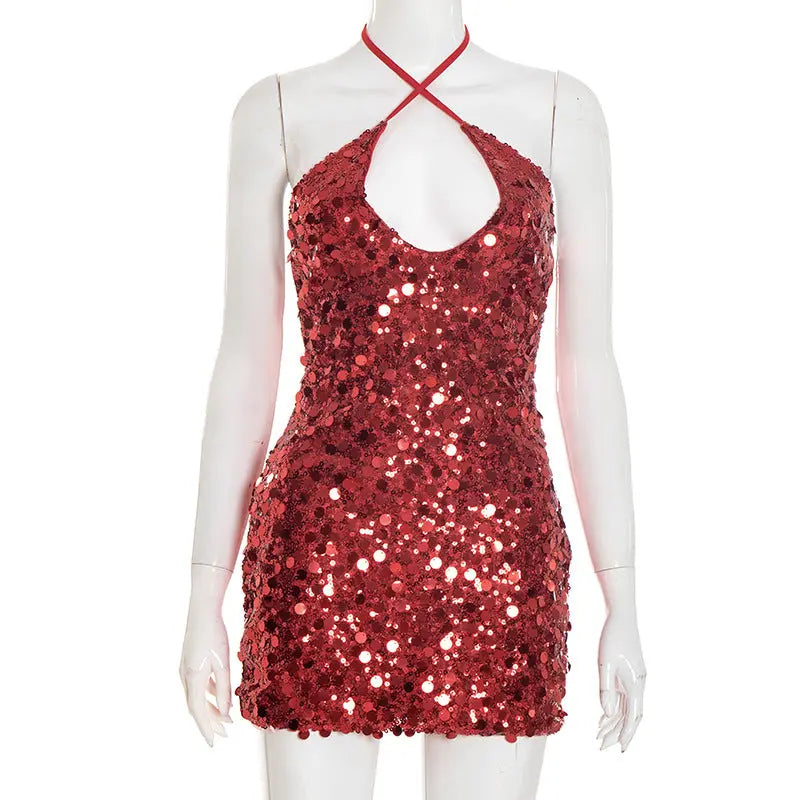 Women Autumn Elegant Slim Fit Sequined Sleeveless Strap Halter Short Dress Bella Mia