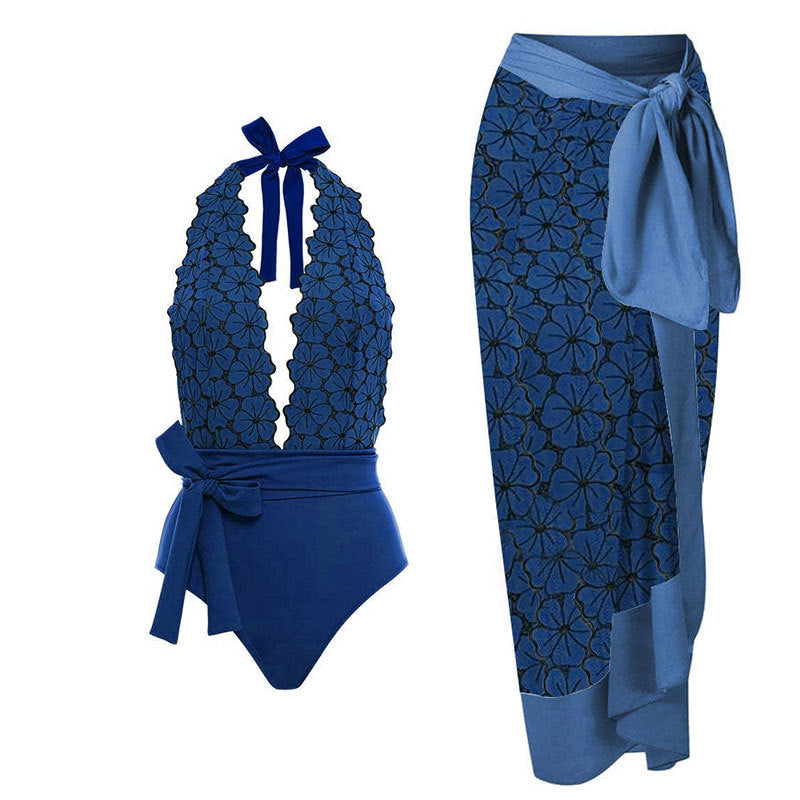 Women One Piece Swimming Bandage Women Tight Retro Printed Bikini Swimsuit Chiffon Skirt Set Bella Mia