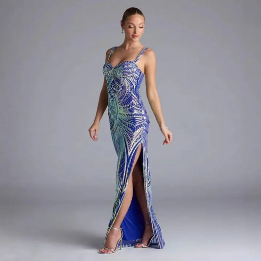 Elegant Sequin Maxi Dress With Sweetheart Neckline And Zipper Bella Mia