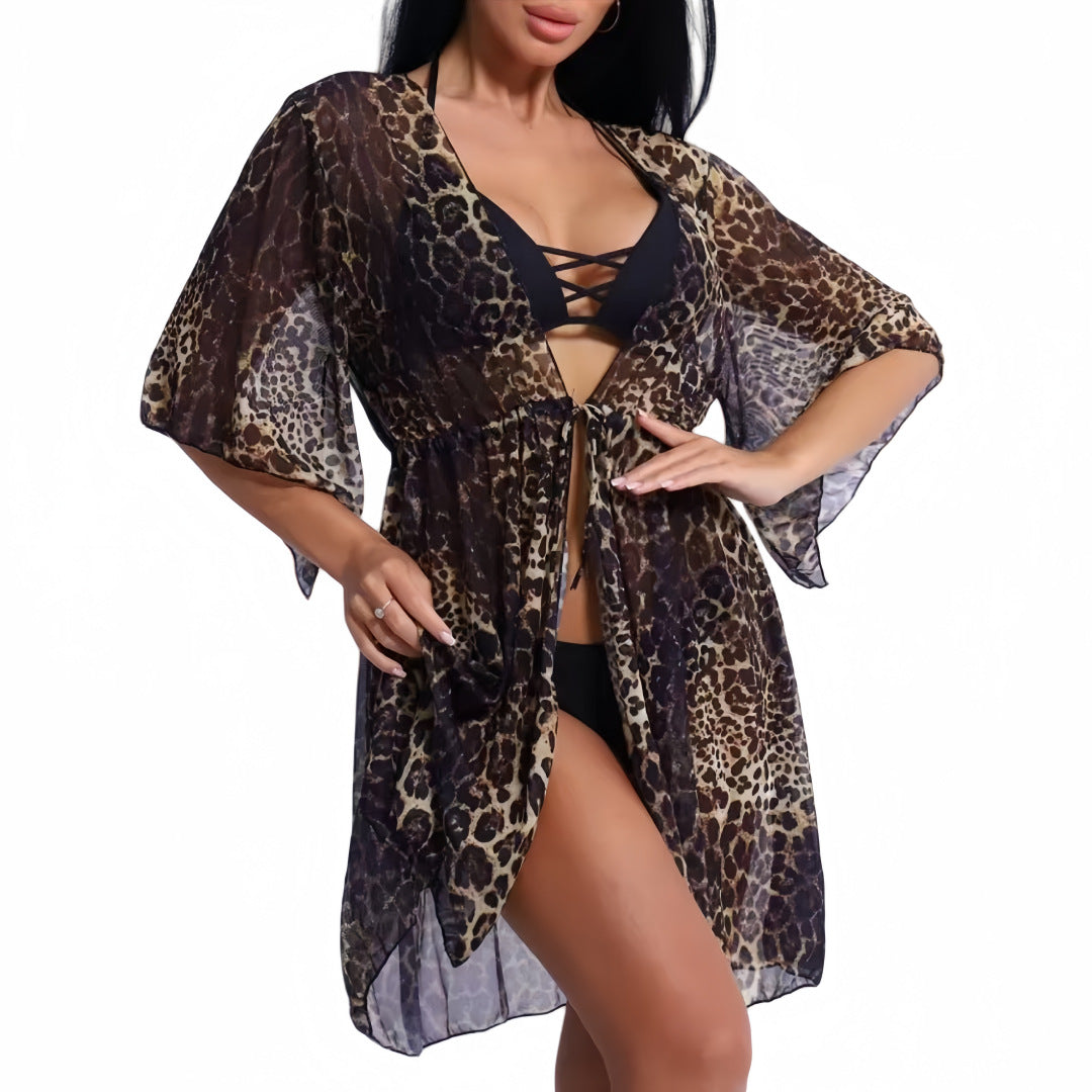 Bikini Three Piece Set Printed Mesh Swimsuit Women Short Sleeve Sunscreen Swimwear Bella Mia