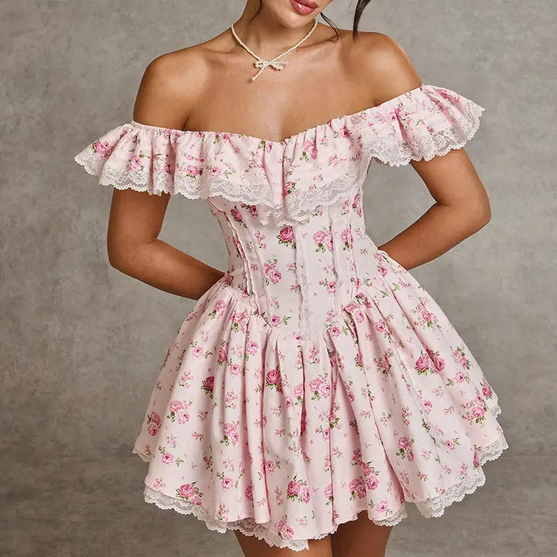 French Sexy Summer off Shoulder Lace Edge Waist Controlled Slim Fit Slimming High Grade Design Dress Bella Mia