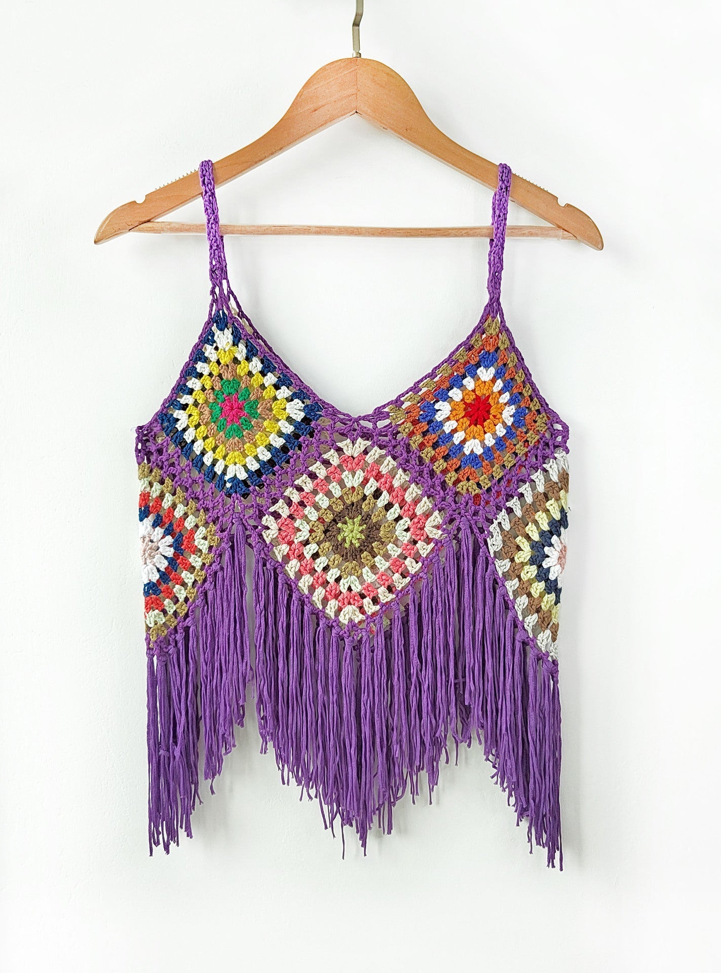 Women Clothing Women Top Pure Hand Crocheting Random Mixed Color Stitching Camisole Tassel Shirt Crochet Bella Mia