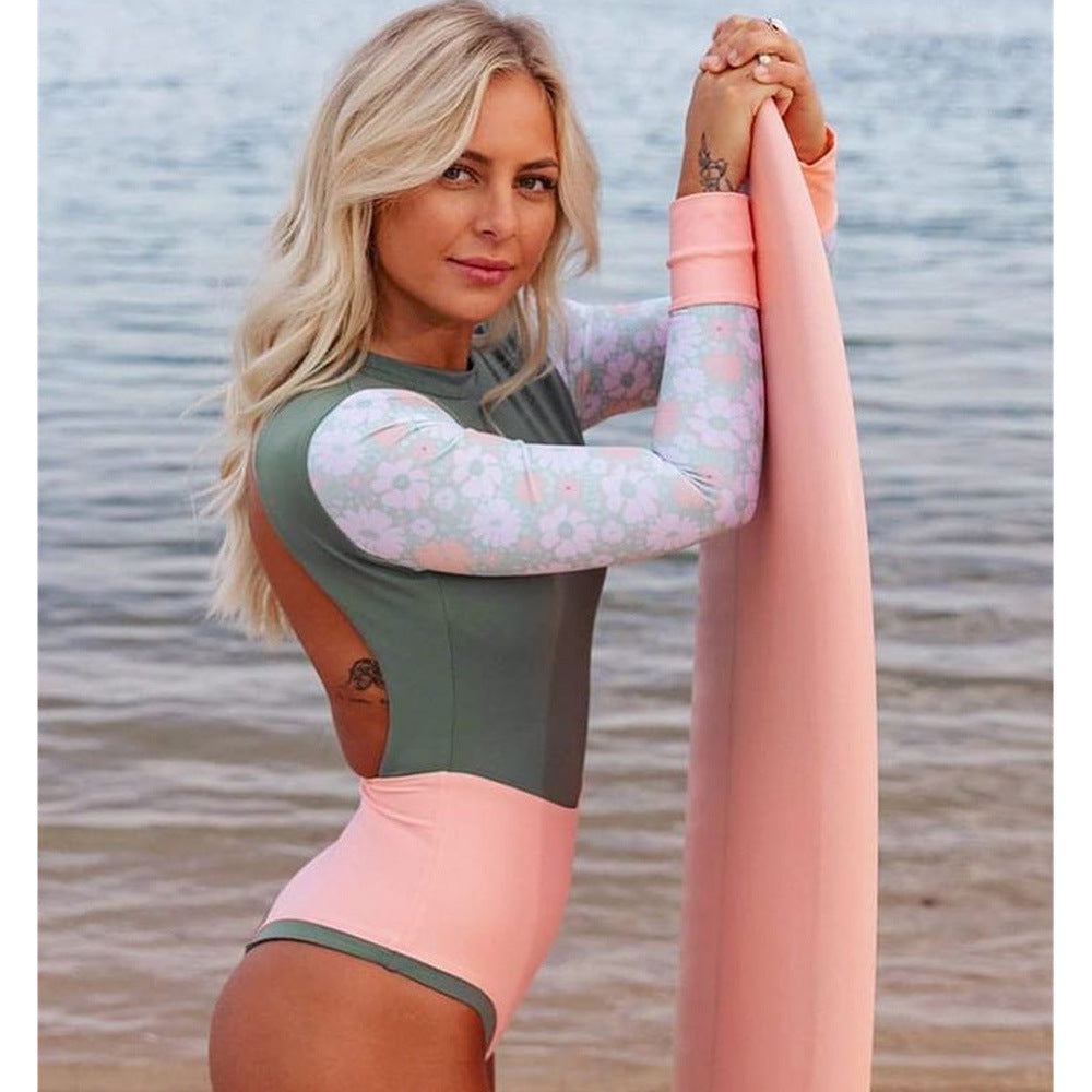 Swimwear Solid Color Printed Patchwork Long Sleeves Surfing Suit Sexy Open Back Swimsuit Women Swimsuit Bella Mia