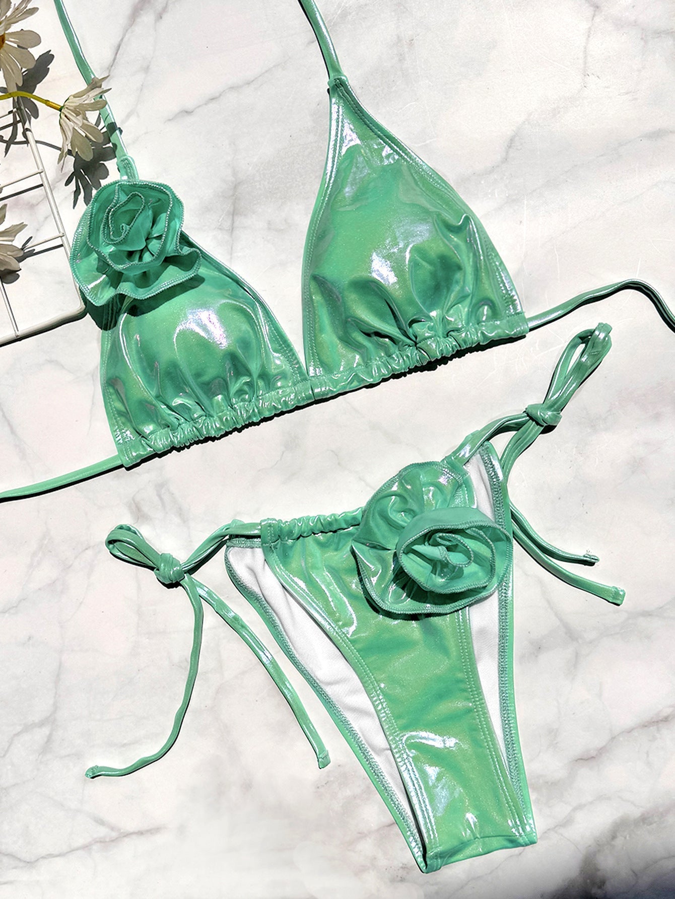 Bronzed Fabric Split Bikini Three Dimensional Floral Sexy Hanging Triangle Bag Swimsuit Bella Mia