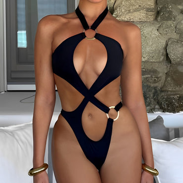 Bikini Swimsuit Sexy Solid Color Hollow Out Cutout Siamese Swimsuit