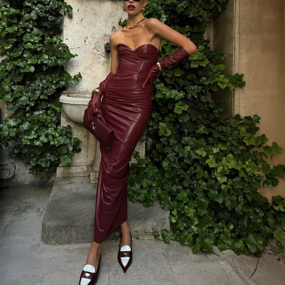 Women Clothing Elegant Faux Leather Sexy Tube Top Strap Fold Split Dress Bella Mia