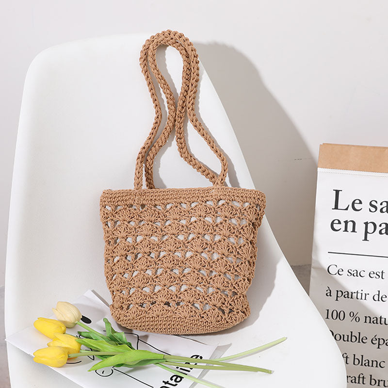 Korean Hollow Out Cutout Cotton Thread Hand Woven Bag Chi Elegant One Shoulder Portable Straw Weaved Bag Seaside Vacation Beach Bag Bella Mia