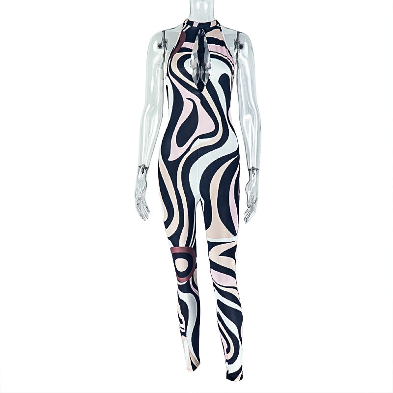 Personality Women Printed Wear Hollow Out Cutout out Slim Fit Sheath Jumpsuit Sleeveless Zebra Pattern Long Jumpsuit