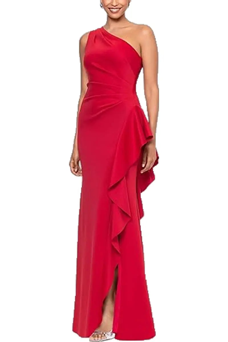 Elegant One Shoulder Ruffled Solid Color Slim Fit Split Fishtail Maxi Evening Dress Bella Mia