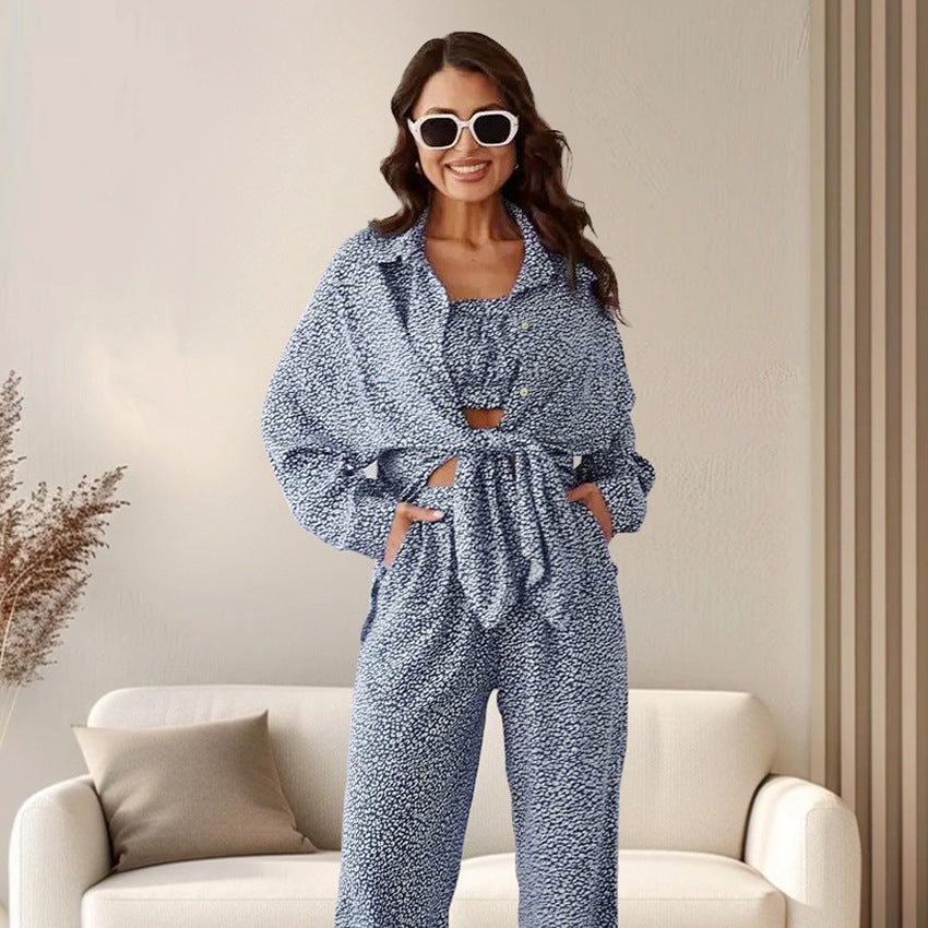 Autumn Blue Color Leopard Print Pajamas Tube Top Cardigan Long Sleeve Pants Women Homewear Bella Mia