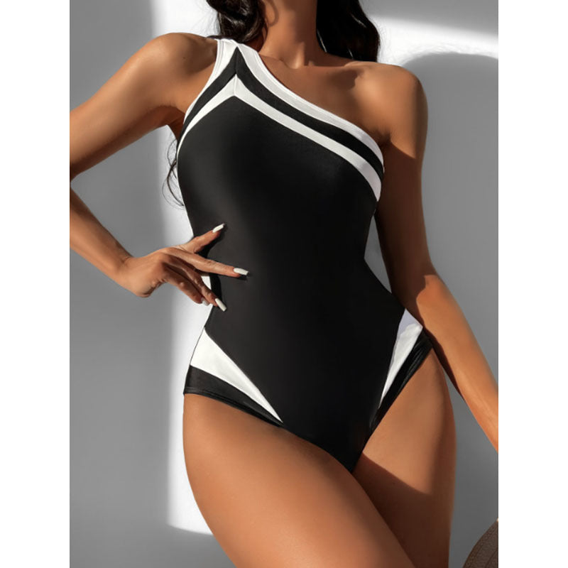 One Shoulder Color Block Jumpsuit Women Cover Belly Conservative Bikini Beach Spring Swimsuit Bella Mia