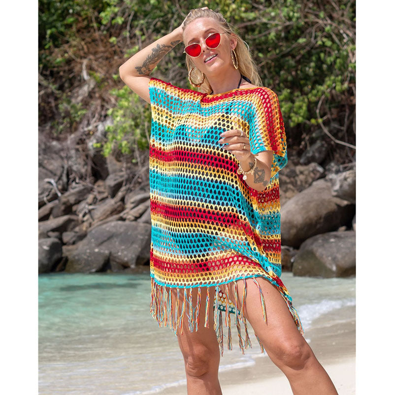 Knitted Color Stripes Tassel Beach Cover-up Sexy Hollow Out Cutout Seaside Sun Protection Clothing Beach Cover Up Crochet Bella Mia