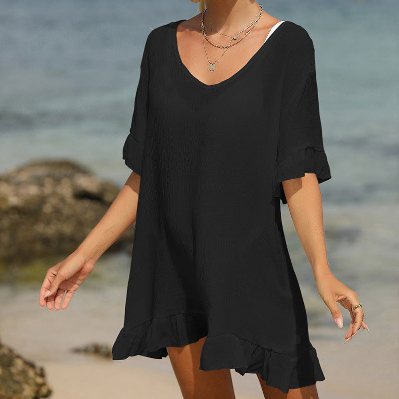 Vacation Beach Cover Up Solid Color Sun Protection Shirt Ruffled V Neck Bikini Loose Blouse Bella Mia