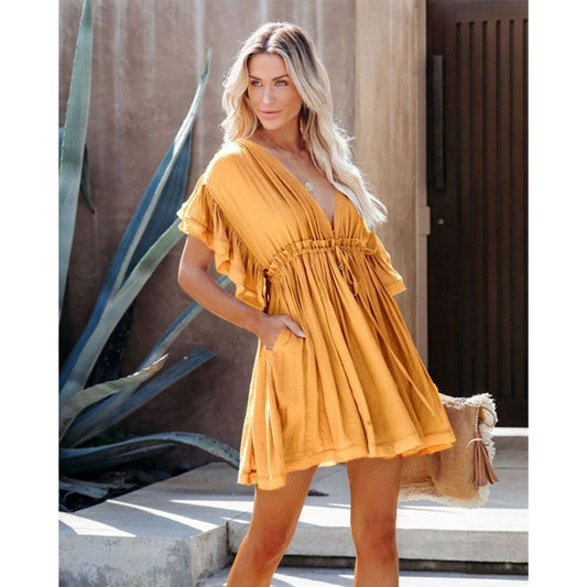 Slub Cotton Pumping Belt Beach Cover up Sun Protection Sexy Backless Short Dress Women Swimsuit Outer Wear Women Bella Mia