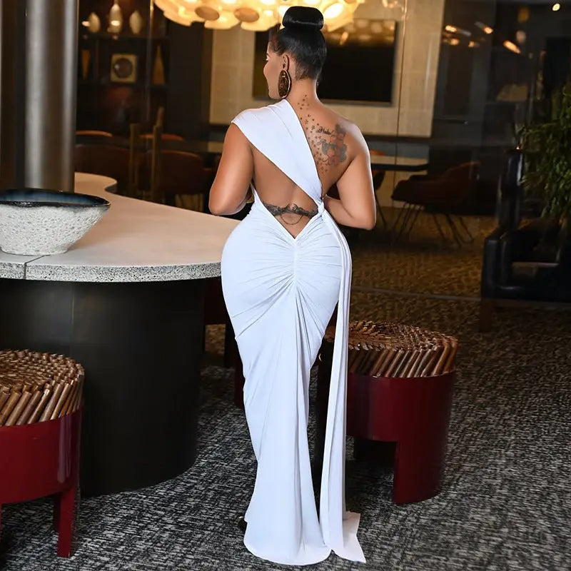 Women Clothing Tied Slim Fit Design Slimming Hip Pleated Diagonal Collar Shoulder Solid Color Length Dress Bella Mia