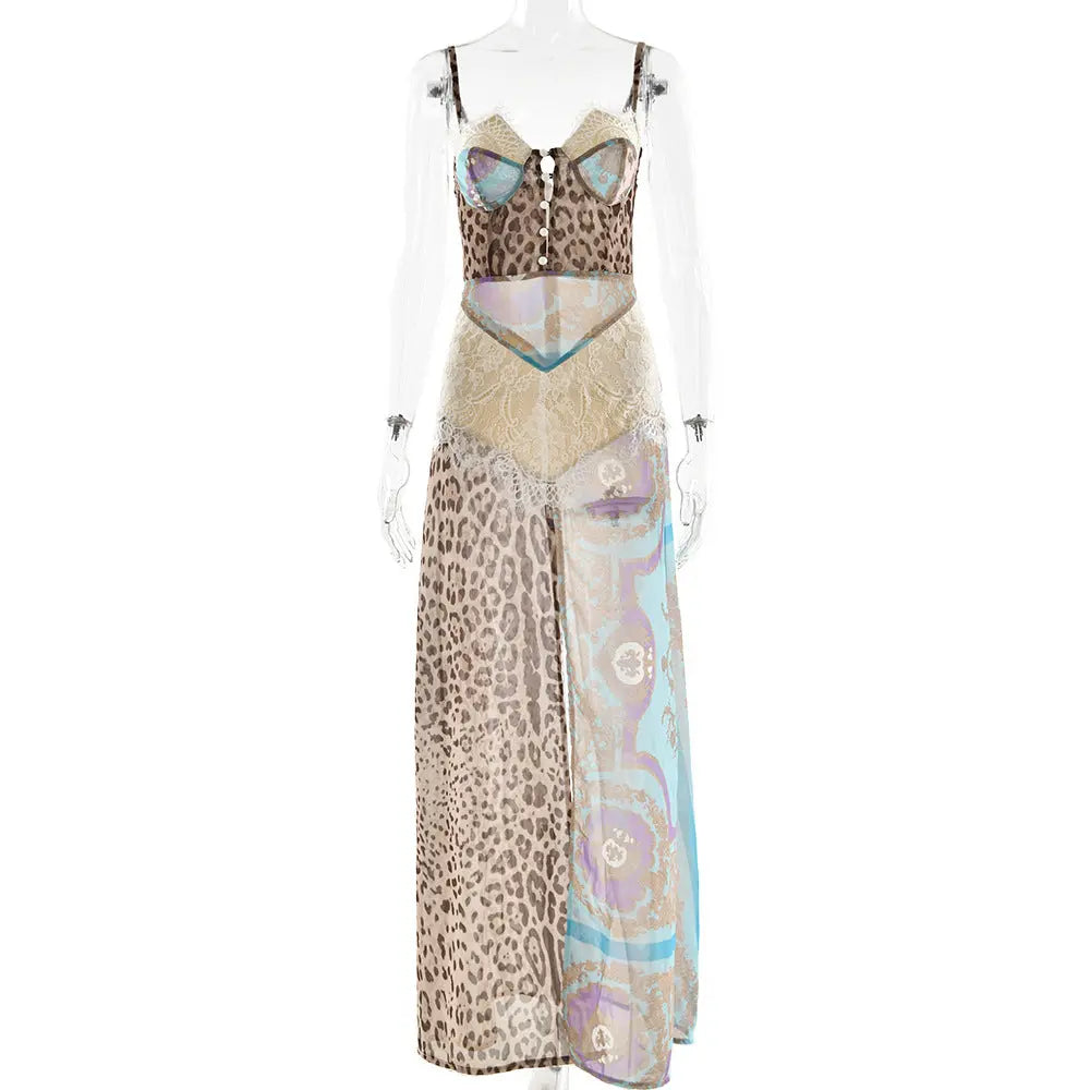 Sexy Cami Dress With Sweetheart Neckline Animal Print Maxi Split Bella Mia
