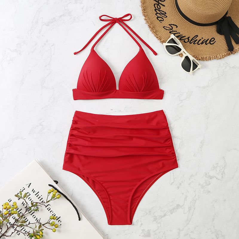 Solid Color Bikini Lace up Triangle Sexy Split Swimsuit Pleated Swimsuit Women Bella Mia