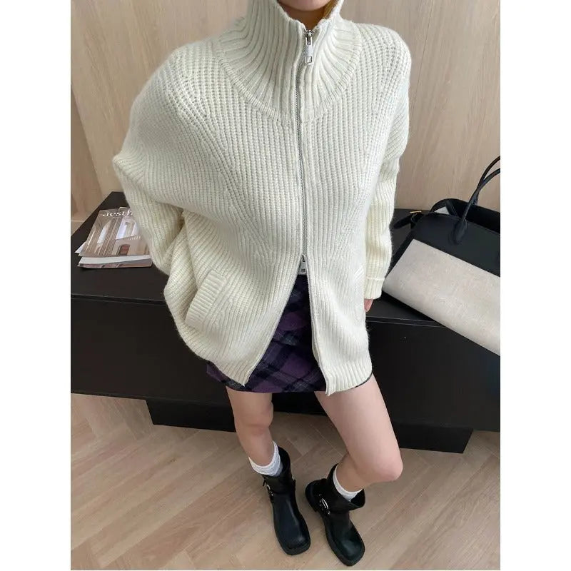 Loose Feeling Weekend Soft Glutinous Idle Double Zipper Loose Knitted Cardigan Sweater Coat Bella Mia