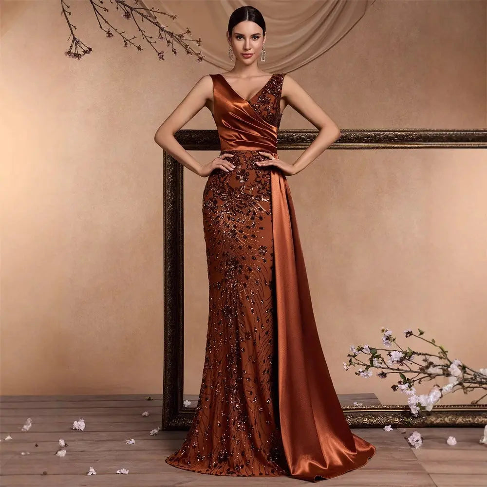 Elegant Satin Sequin V Neck Maxi Dress Sleeveless A Line Cocktail Party Formal Bella Mia