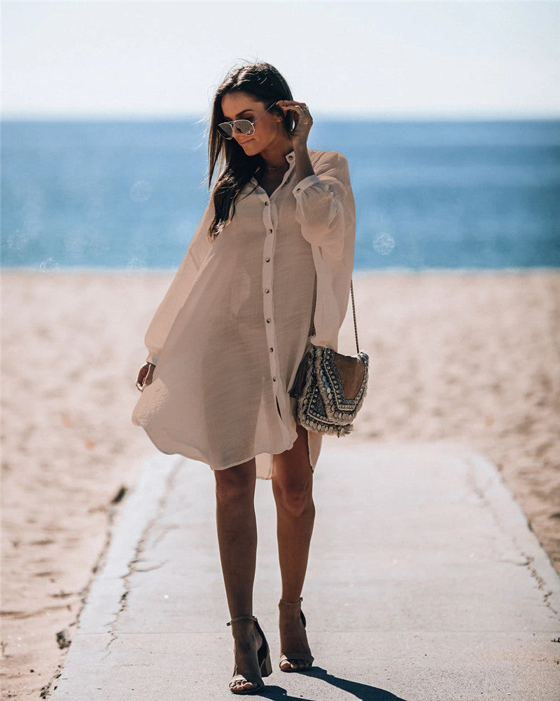 New Bamboo Shirt Single-Breasted Beach Sun Protection Shirt Seaside Casual Vacation Skirt Bella Mia