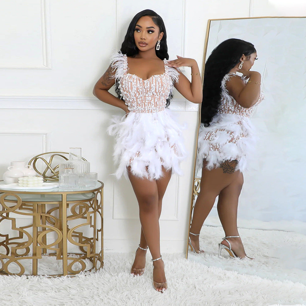 Beaded Feather V neck Tight Waist Short Dress Luxury High End Party Dress Bella Mia