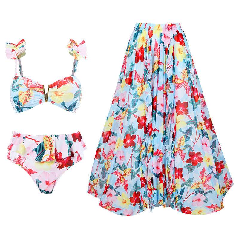 Split Conservative Swimsuit Printing V Iron Mesh Wrap Skirt Set Swimsuit