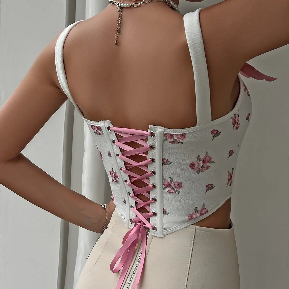 Street Sexy Lace Up Backless Strap Sexy Fish Bone Print Waist Tied Vest Bella Mia