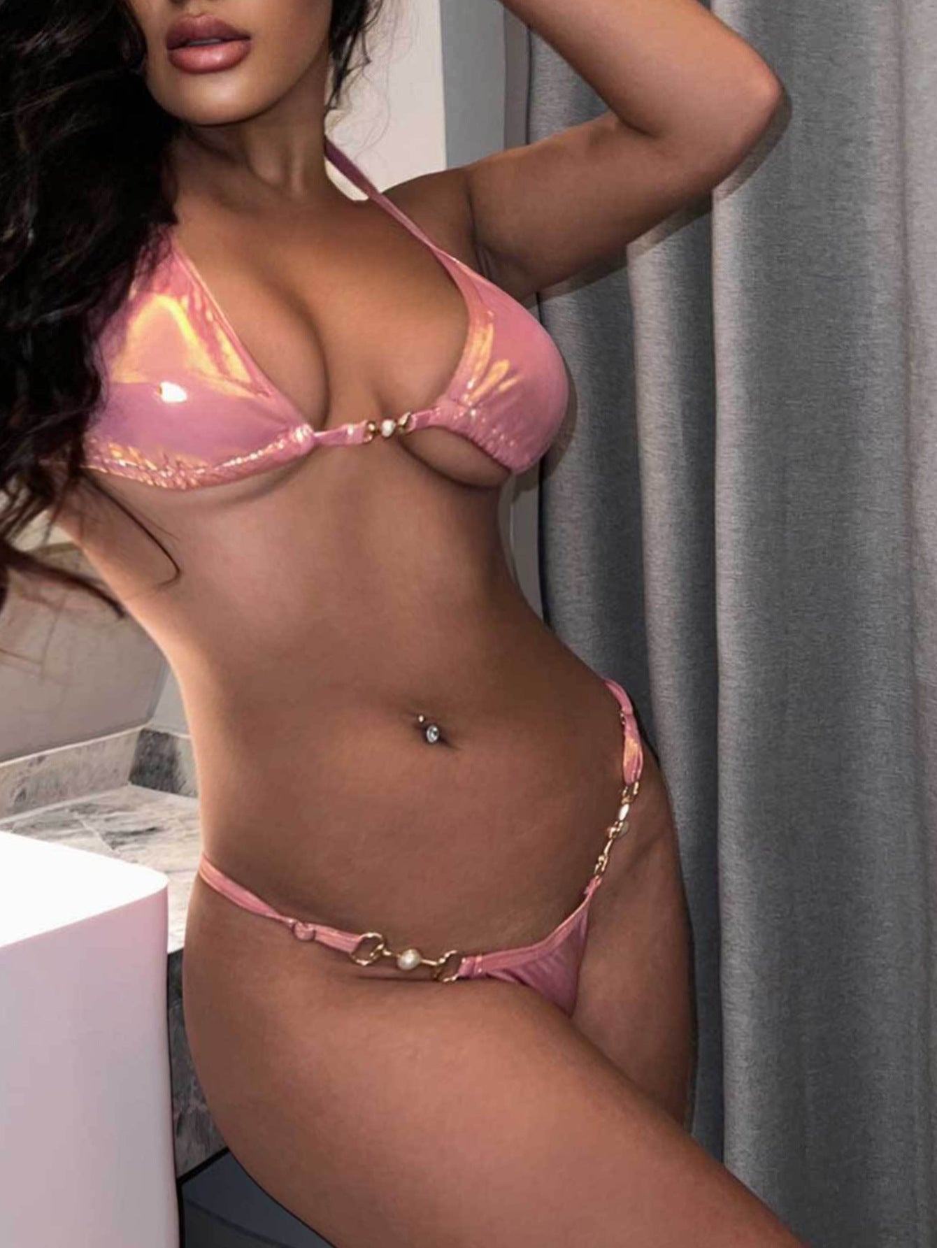 Swimsuit Split Swimsuit Pink Bronze Halter Lace up Sexy Backless Swimsuit Bikini Bella Mia