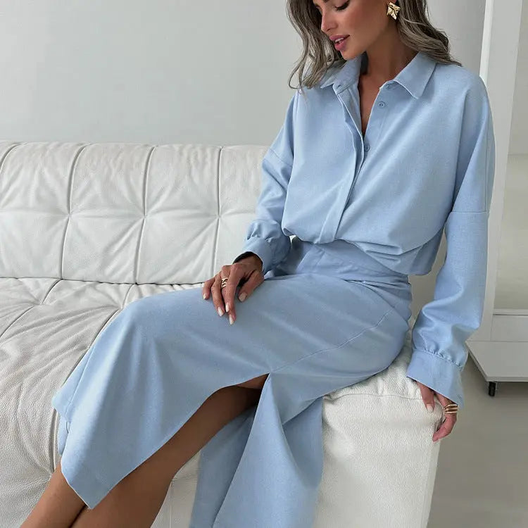 Women Cotton Split Skirt Office Collared Long Sleeve Cardigan Top Two Piece Set Bella Mia