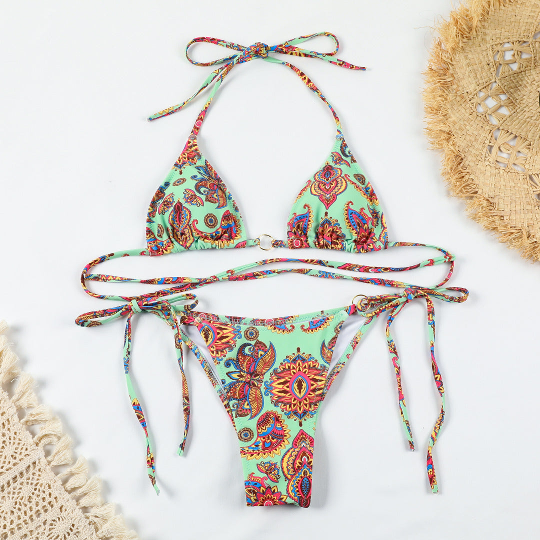 Sexy Printed Backless Split Swimsuit Women Lace up Three Ring Bikini Bella Mia